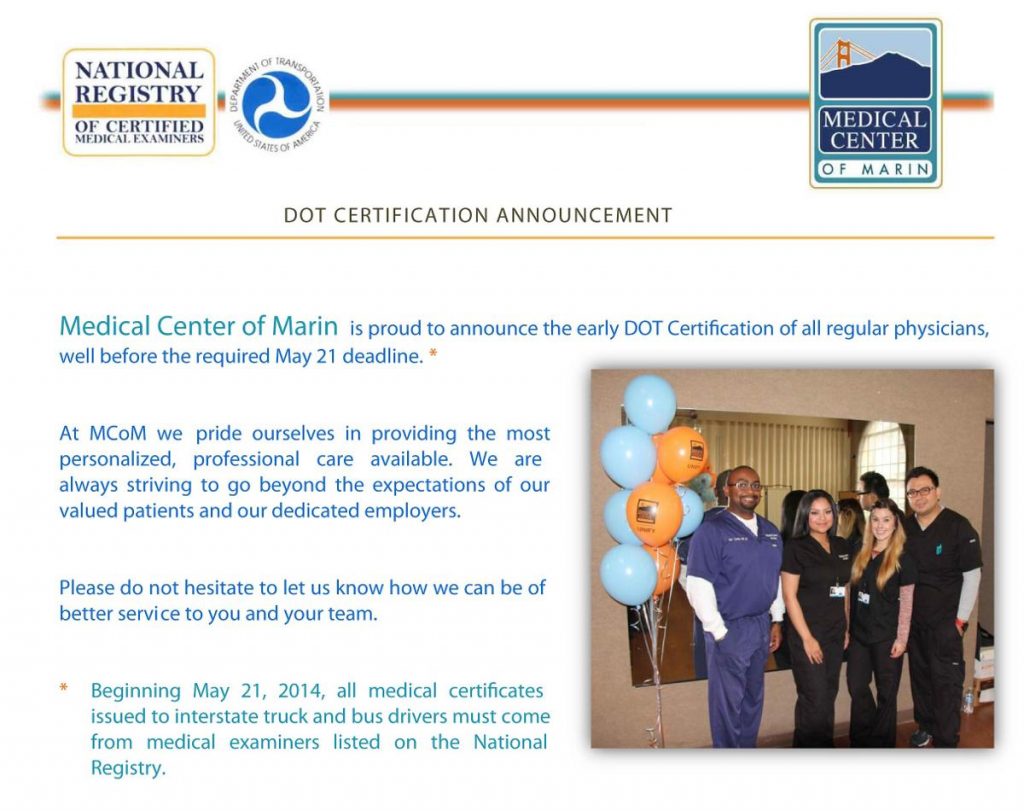 DOT Certification Announcement - Medical Center of Marin